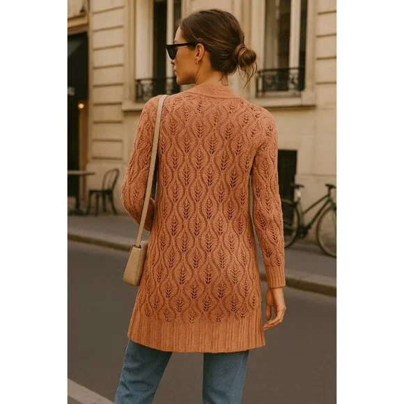 Derek Heart Peach Crochet Cardigan Women's S - Y2K Open Knit Sweater Layer Boho - Picture 4 of 12